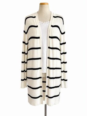 So Perla Black White Striped Open Front Cardigan Long Sleeve Knit Size L